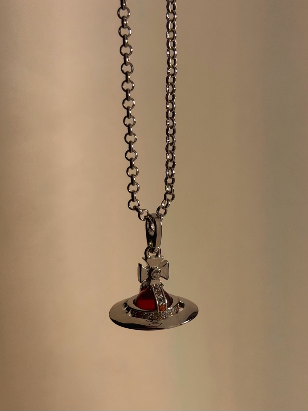 Vivienne Westwood Large Ruby Orb Silver Necklace. 18 Inch